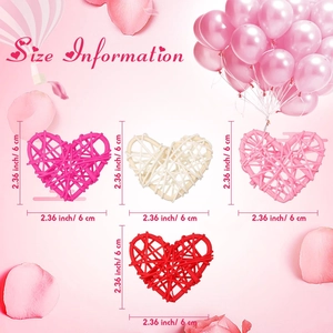 Detailed size chart showing 2.36 inch 6cm multi-colored heart-shaped woven rattan ornaments