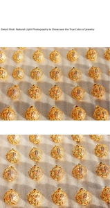 Detailed close-up of gold hollow flower earrings with enamel inlay and zircon accents