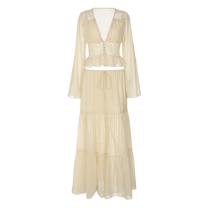 Detailed close-up of beige lace V-neck cardigan and layered chiffon skirt outfit