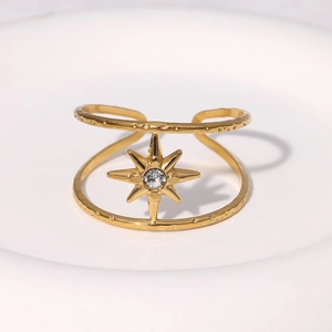 Minimalist stainless steel open ring with 18k gold star and white zircon stone