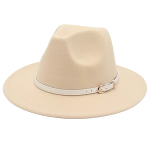 Classic beige wide-brim fedora hat with a white leather belt and gold buckle accent