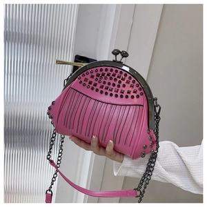 Detail of pink shell bag featuring black studs, metal fringe, and vintage kiss lock closure