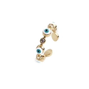 Detail of gold open ring with blue evil eye enamel beads and cubic zirconia inlay