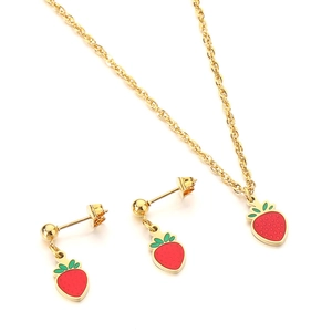 Titanium steel necklace and earrings set featuring red enamel strawberry pendants