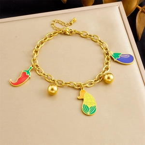 Cartoon Vegetable Charm Bracelet Stainless Steel Enamel Eggplant Corn Pepper Pendants Adjustable Jewelry For Women