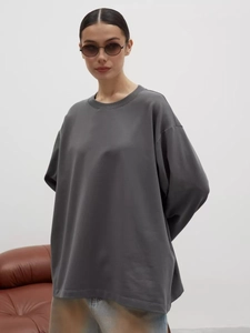 T-shirt oversize a maniche lunghe in cotone grigio scuro da donna in stile casual
