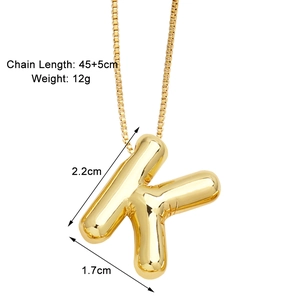 Detailed size specifications for a gold letter K pendant necklace with box chain dimensions
