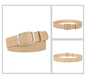 Detail view of light brown leather belt with silver metal buckle and stitched edges