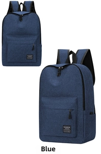Detail view of durable blue backpack fabric and fashion brand tag with metal zippers