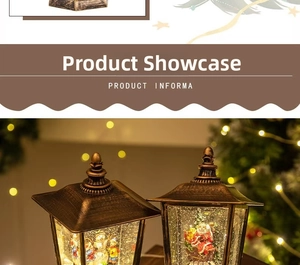 Close-up of vintage bronze Christmas lantern with Santa scene and festive bokeh lights