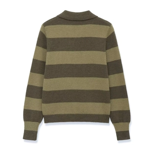 Detail view of the ribbed cuffs and hem on this vintage striped polo knit sweater