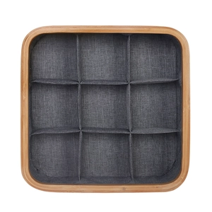 Bamboo storage box with 9-grid grey fabric dividers for underwear and sock organization