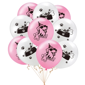 Pink and white latex balloons with dog paws and 'Woof' prints for pet birthday parties