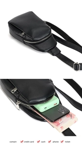 Detail view of black PU leather waist bag showing internal space for cash and phone