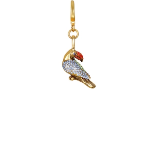 Macro detail of parrot pendant featuring red and blue rhinestones in 18K gold finish