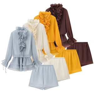 Women Chiffon Ruffles Flower Lantern Sleeve Blouse And Matching Shorts Casual Streetwear Chic Outfit
