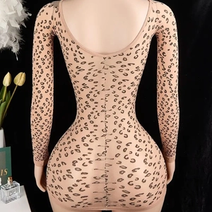 Detailed back view of leopard print long sleeve bodysuit with deep U-neck cutout design