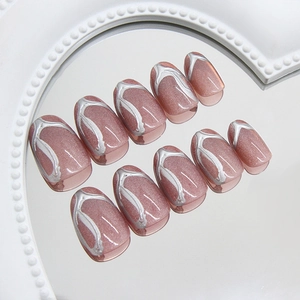 3D metallic lines cat eye press on nails with pink shimmer and oval shape design