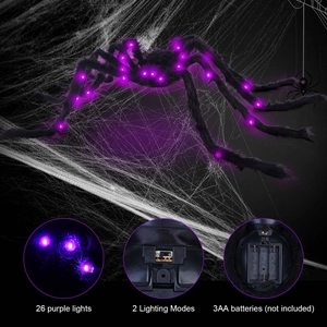 Detailed view of Halloween plush spider with 26 purple LED lights and battery compartment
