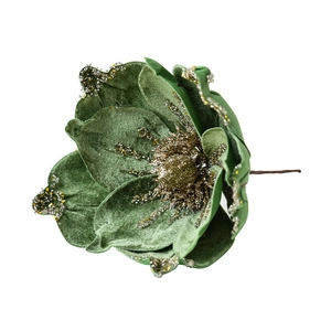 Green velvet artificial magnolia flower with gold sequins for Christmas tree decor