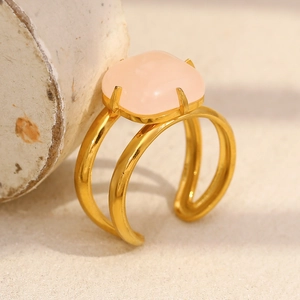 Bague ajustable en acier inoxydable plaqué or 18 carats avec pierre rose carrée