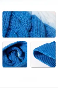 Close-up of blue tie-dye knit beanie showing cable knit texture and ribbed edge details