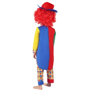 Kids colorful checkered clown costume set with red wig and hat shown from the back