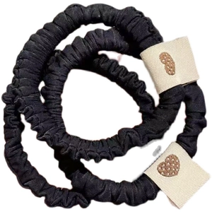 Black pleated hair scrunchies set with cute heart woven label for girls hair styling