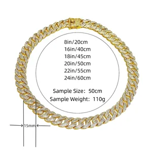15mm gold Cuban link chain for men with triple row rhinestones and multi-length options
