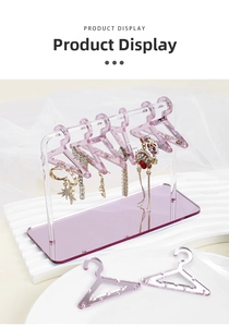 Creative purple acrylic earring display stand with mini clothes hanger design for jewelry