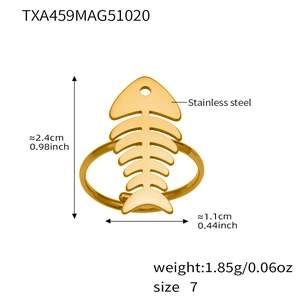 Technical size chart for gold stainless steel fishbone ring with dimensions and weight info