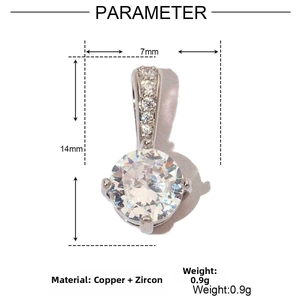 Detalle de dimensiones del colgante de circonita 14mm y especificaciones de peso 0,9g