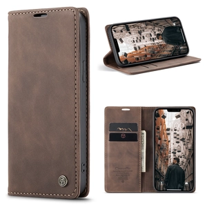 Close-up of brown leather flip case featuring card slots, cash pocket and kickstand