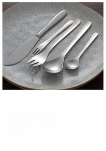 Detailed view of matte 304 stainless steel cutlery set with care icons and instructions