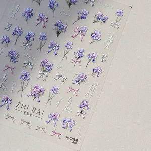 3D embossed purple iris flower nail art stickers with crystal accents and ribbon bows
