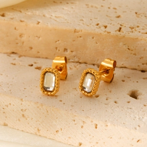 Vintage Rectangular Stud Earrings Stainless Steel Gold Plated Clear Zircon Beaded Edge Minimalist French Style