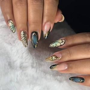 Butterfly Press On Nails 3D Gold Metallic Lines Emerald Green Marble Retro French Style Almond Shape ABS Plastic Nails