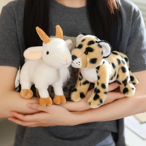 Realistic white goat and leopard plush stuffed animals shown being held by a model