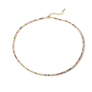 Close-up of 18K gold plated tennis necklace featuring multi-colored cubic zirconia stones