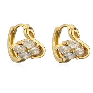 Elegant gold swan hoop earrings with clear marquise-cut crystals and black eye detail