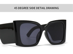 45-degree side view detail of modern black square frame sunglasses with glossy finish