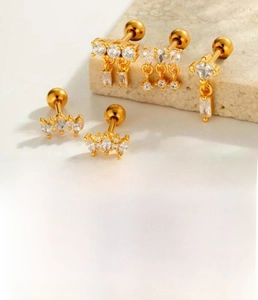 Detailed view of gold drip zircon earrings with steel screw balls and sizing dimensions