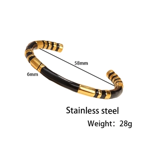 Modern black and gold striped stainless steel open bangle bracelet for men and women