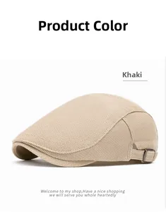 Detail view of khaki mesh flat cap featuring an adjustable side metal buckle
