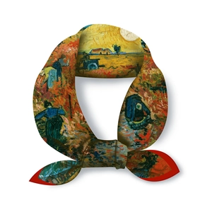 Detail view of a 53cm silk scarf featuring Van Gogh's Red Vineyard oil painting print