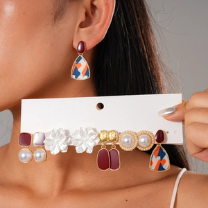Geometric Flower Earrings Set With Silver Earring Post Alloy Resin Imitation Artificial Pearl Vintage Retro Fashion Elegant Style