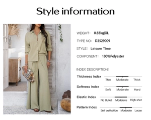 Size chart and style specs for light green long sleeve shirt and wide leg pants set