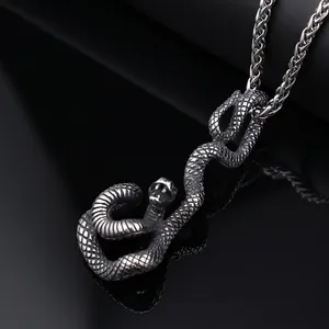 Realistic silver snake pendant necklace in stainless steel with detailed scales and chain