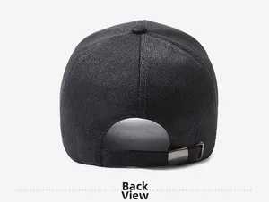 Back view of classic black baseball cap showing the adjustable metal buckle and strap