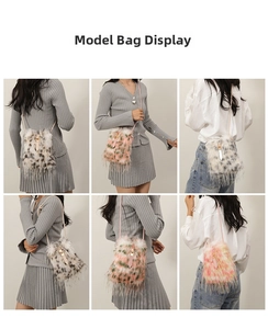 Detailed views of stylish faux fur crossbody bags featuring leopard print and colorful plush